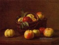 テーブルの上のかごに入ったリンゴ アンリ・ファンタン・ラトゥールの静物画